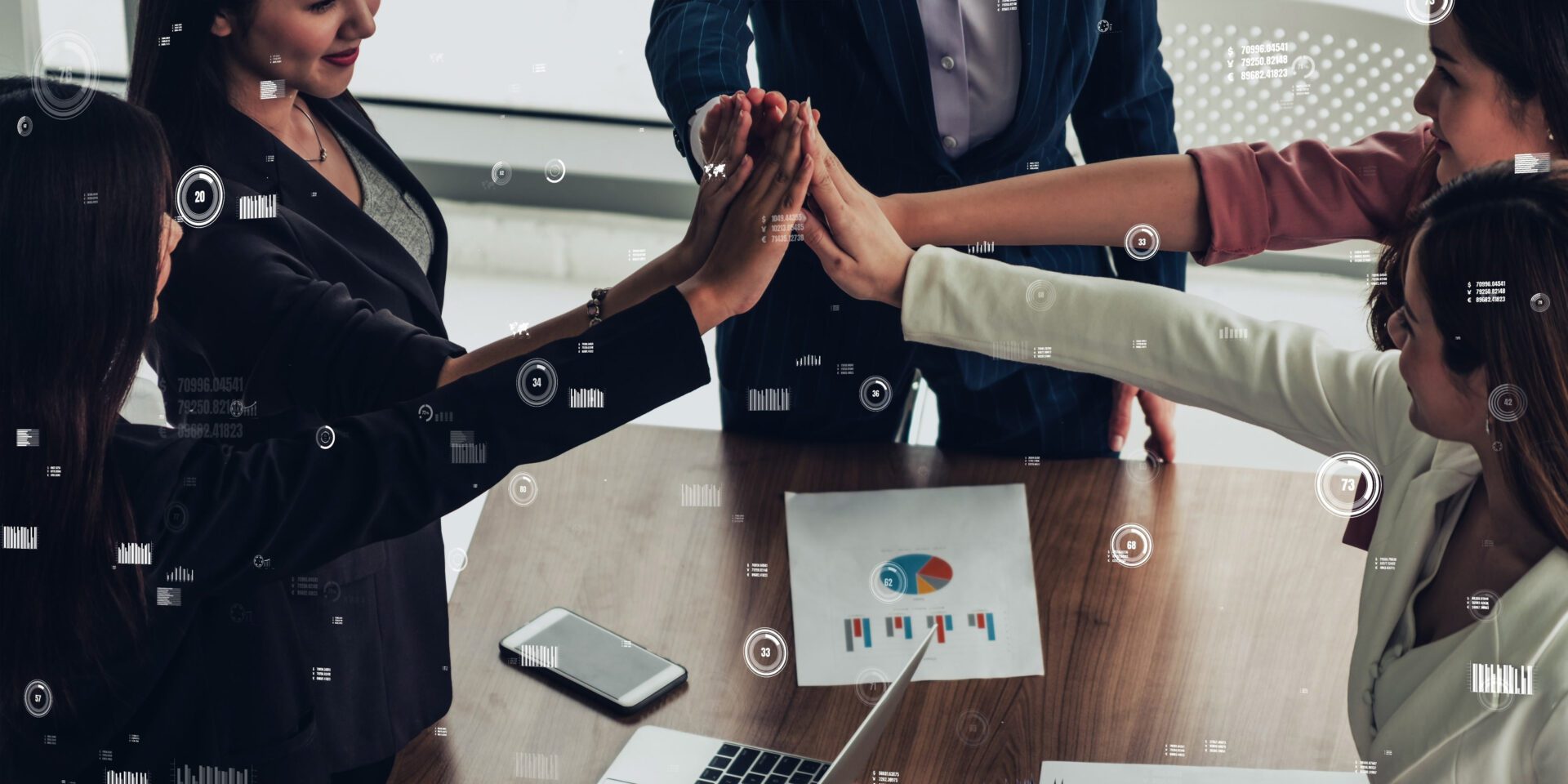 team_sharing_success Conceptual vision of business people in the corporate staff meeting . Concept of digital technology for marketing data analysis and investment decision making .